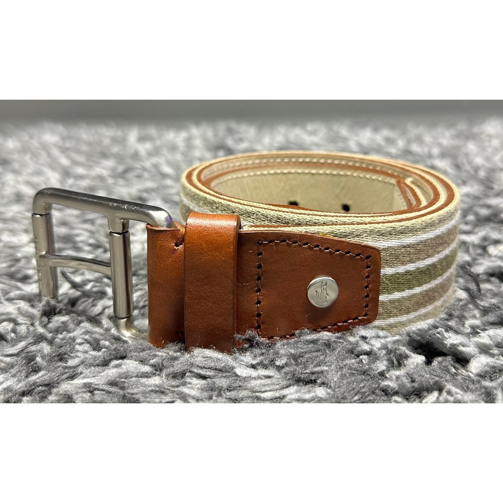 Lacoste Belt Mens 32 Brown Canvas Leather Striped Old Money Prep Luxe